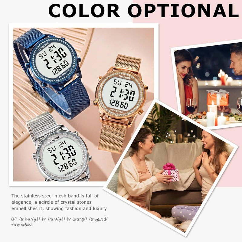 TIMEURE Women's Step Counter Pedometer Watch with Stainless Steel Bracelet, Stylish Design, No App, No Charging Needed for Step, Calorie, Distance, Alarm, Countdown Timer，TU-2401 - Image 2